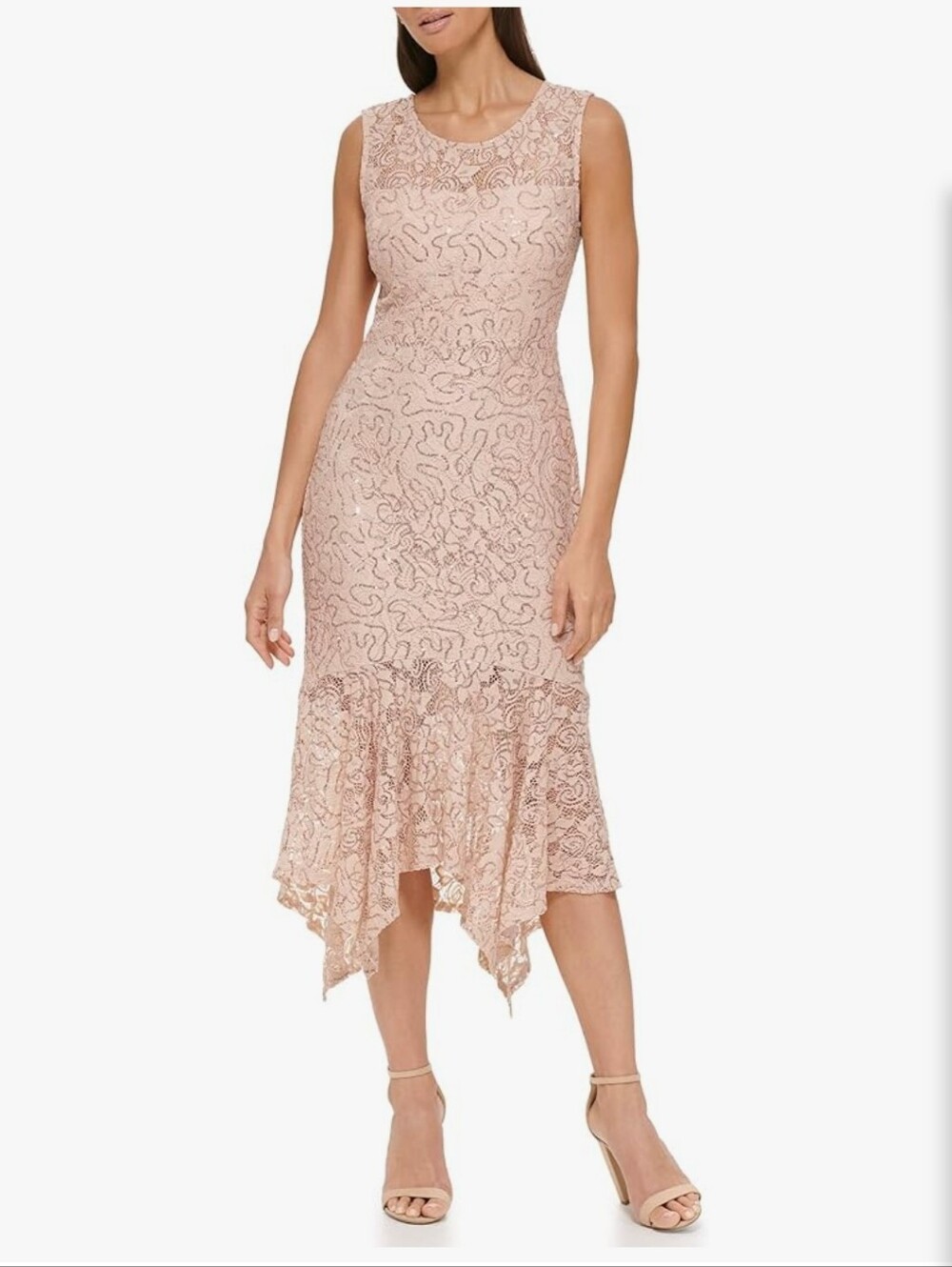 Kensie Sleeveless Lace Handkerchief Flounce Hem Illusion Sequin Dress in Blush